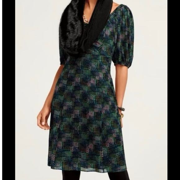 CAbi Elaine Puff Sleeve Dark Green A-Line Dress - Picture 2 of 11